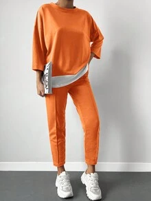 Cottnline Drop Shoulder 2 In 1 Tee & Seam Detail Sweatpants - Orange - View 3