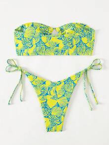 贝壳印花抹胸系带侧比基尼套装，适合夏季海滩度假 - 彩色 - 查看 2