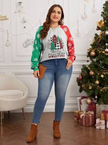 SHEIN LUNE 大碼聖誕圖案插肩袖T恤 - 彩色 - 查看 5