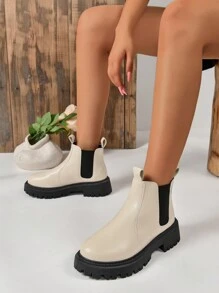 大码女式时尚舒适休闲西式切尔西厚底靴 - 米色 - 查看 5