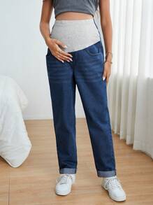 SHEIN 孕婦寬腰帶直筒牛仔褲 - 深色水洗藍 - 查看 3