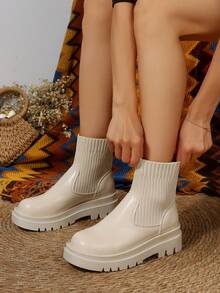 时尚一脚蹬靴女针织踝靴拼布靴厚底靴子冬靴黑色短靴 - 米色 - 查看 3