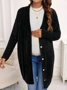 SHEIN 孕婦落肩袖前紐扣開襟衫 - 黑色 - 查看 1