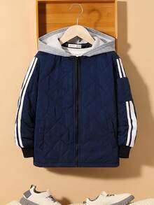 SHEIN 男大童字母圖案連帽絎縫外套 - 藏蓝色 - 查看 2