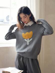 FRIFUL Floral Pattern Sweater Without Blouse - Grey - View 5
