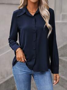 EMERY ROSE Solid Button Front Shirt,Long Sleeve Tops Fall Cloth For Women - Navy Blue - View 4
