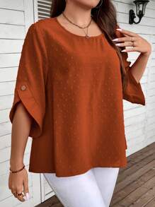 EMERY ROSE Plus Swiss Dot  Summer Shirts Blouse - Brown - View 5