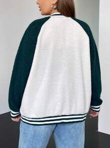 SHEIN EZwear Plus Letter Patched Striped Trim Raglan Sleeve Teddy Varsity Jacket - Multicolor - View 2