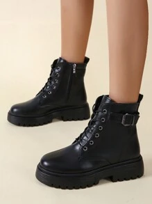 Women's Fashion Elastic Comfortable British Slim Black Skirt Black Boots Motorcycle Boots With Patchwork Design Sweater Boots