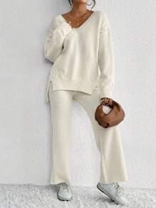 SHEIN Frenchy 落肩毛衣和針織褲 - 杏色 - 查看 7