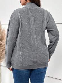 EMERY ROSE 大碼絞花針織鈕扣前開衫 - 灰色 - 查看 2