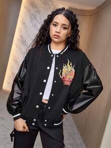 Teen Girl 1pc Letter & Dragon Graphic Striped Trim Drop Shoulder Varsity Jacket - Black - View 2