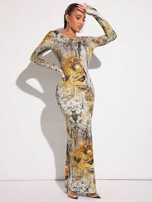 SHEIN SXY Mixed Print Split Thigh Tie Backless Bodycon Dress - Multicolor - View 3