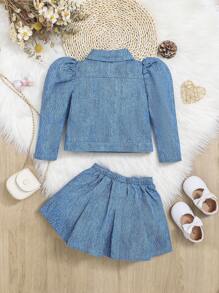 SHEIN Baby Girls' Casual Jacket & Elastic Waist Skirt Set - Medium Wash - View 2