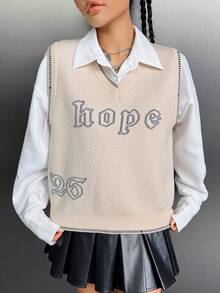SHEIN EZwear 字母圖案毛衣背心不帶襯衫 - 米色 - 查看 6
