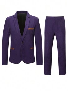 Manfinity Mode 男士大码單釦西裝外套和褲子 - 紫色 - 查看 7