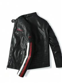 男士字母刺繡條紋圖案拉鏈開襟夾克 - 黑色 - 查看 2