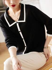 Viền tương phản Nút phía trước Áo len - màu đen - Xem 6