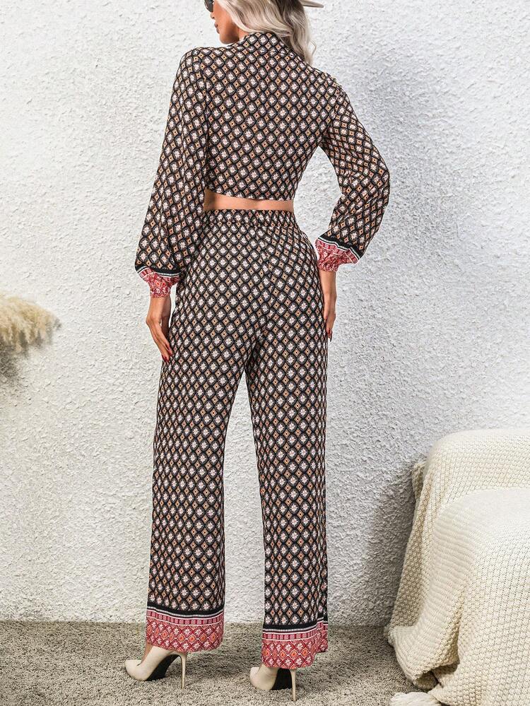 Allover Print Knot Front Crop Top & Wide Leg Pants