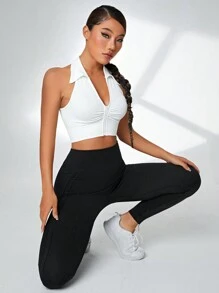 Gameset SHEIN Sport 无缝高弹力高性能长袖 T 恤健身上衣修身衬衫运动背心 - 白色 - 查看 5