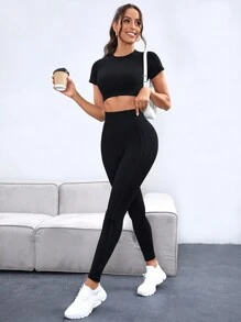 Easithlete 無縫套頭運動套裝,運動訓練必備套裝 - 黑色 - 查看 6