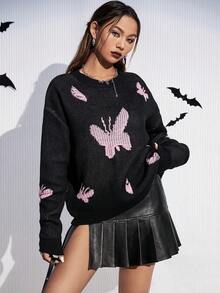 SHEIN Unity Butterfly Pattern Drop Shoulder Sweater - Multicolor - View 3