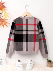 SHEIN Tween Boys Plaid Pattern Sweater - Grey - View 2
