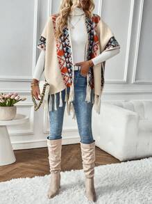SHEIN LUNE Mẫu Geo Fringe Hem Áo Cardigan - Màu be - Xem 3