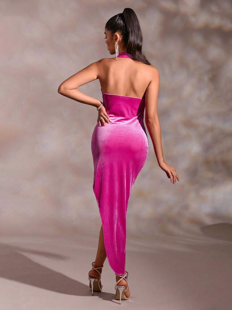 Backless Split Thigh Velvet Halter Dress