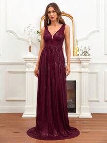 SHEIN Belle Plunging Neck Floor Length Sequins Formal Dress - Red - View 3