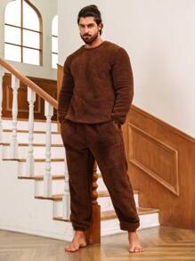 Men Solid Teddy PJ Set - Brown - View 1