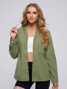 SHEIN EZwear Solid Button Front Denim Shirt - Green - View 4