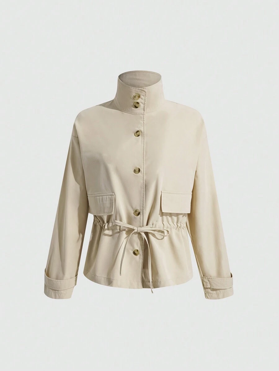 SHEIN Unity Drawstring Waist Flap Detail Trench Coat - Khaki - View 1