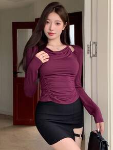DAZY 纯色褶皱前襟长袖T恤女款 - 紫色 - 查看 5