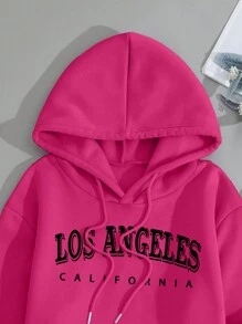 SHEIN EZwear Letter Graphic Drawstring Thermal Lined Hoodie & Sweatpants - Hot Pink - View 6