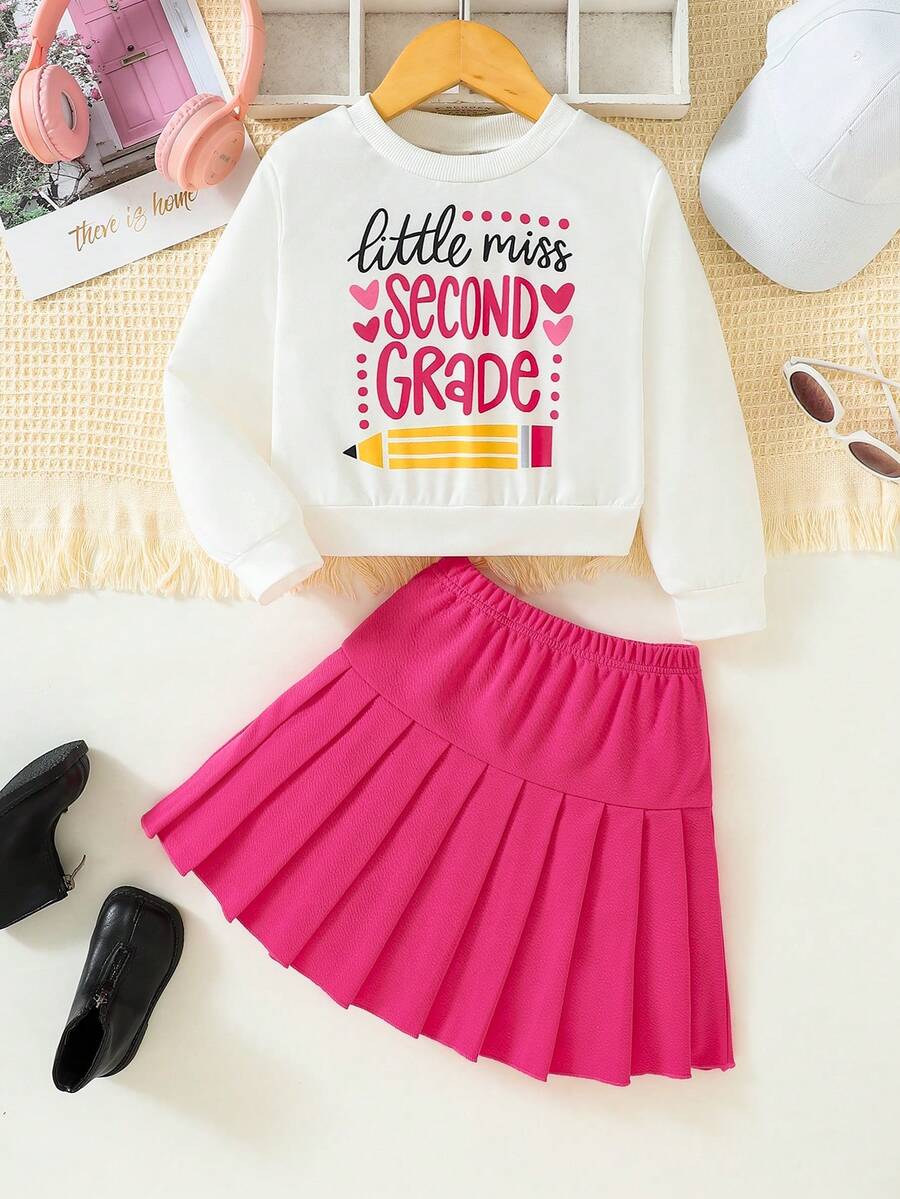 SHEIN 女小童標語圖案運動衫&百褶半身裙