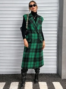 SHEIN Essnce 格紋印花雙排釦背心大衣 - 綠色 - 查看 3