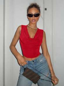 SHEIN ICON Áo Crop Top Cổ Xếp Ly Màu Đỏ - Đỏ - Xem 5