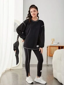 SHEIN Teen Girl Letter Patched Top-stitching Drop Shoulder Pullover & Leggings - Black - View 5