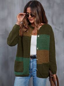 SHEIN LUNE Color Block Dual Pocket Drop Shoulder Cardigan - Multicolor - View 4