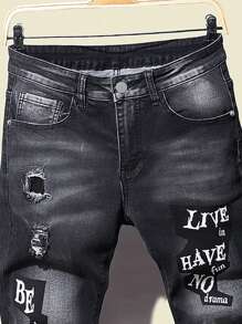 Manfinity Roghcode Pantalones vaqueros largos de corte slim, lisos, de algodón, con gráfico de letras, desgastados y deshilachados, de color gris oscuro, para hombres como regalo para esposo o novio - Negro - Ver 4