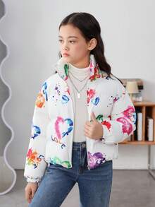 SHEIN Tween Girl Tie Dye Drop Shoulder Zipper Padded Coat - Multicolor - View 3