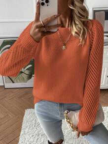 SHEIN LUNE Áo len cổ thuyền tay raglan trơn, áo len dài tay dệt kim mùa thu đông. - trái cam - Xem 3