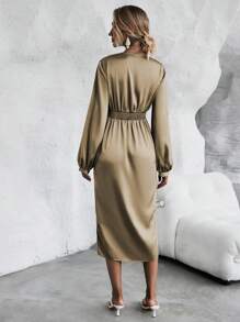 SHEIN Clasi Square Neck Lantern Sleeve Split Thigh Satin Dress - Khaki - View 2