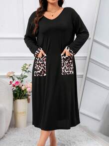 豹纹双口袋睡衣连衣裙，长款，宽松舒适，细节优雅，适合秋冬季节穿着 - 黑色 - 查看 5
