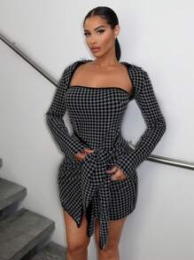 SHEIN SXY Plaid Print Tube Top & Asymmetrical Hem Bodycon Dress - Multicolor - View 5