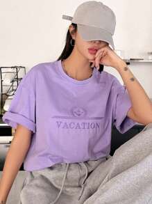 DAZY Letter Embroidery Drop Shoulder Tee - Purple - View 1