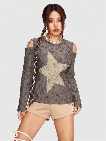 Grunge Punk Maglietta con stampa stella con spalle scoperte