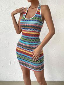 SHEIN Essnce Geo Print Contrast Binding Halter Neck Backless Bodycon Dress - Multicolor - View 3