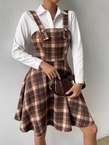 SHEIN Qutie Vestido overol con estampado de cuadros sin camisa - Multicolor - Ver 3